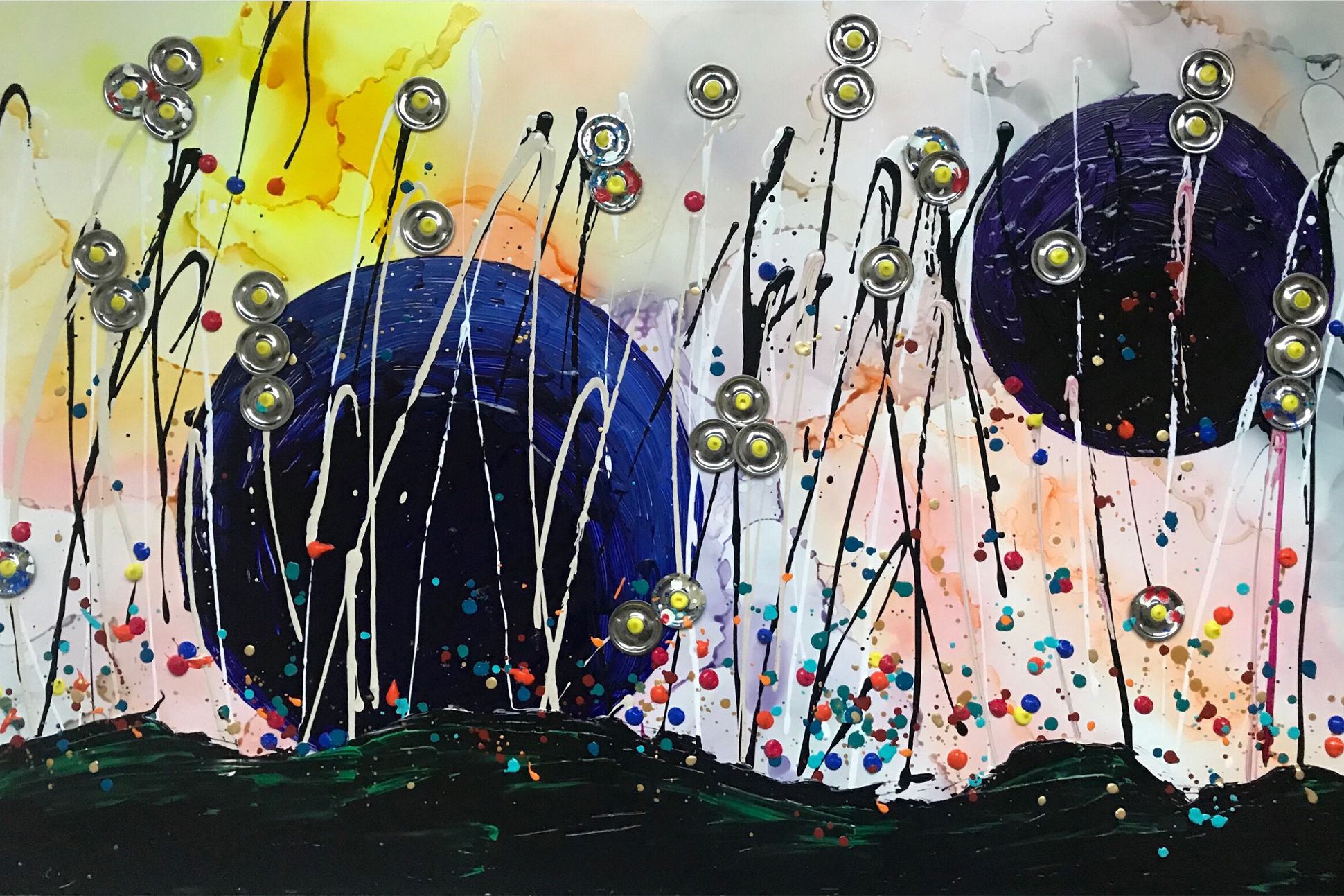 Abstract painting of lines emerging from a dark sea, with buttons and round objects in the sky.