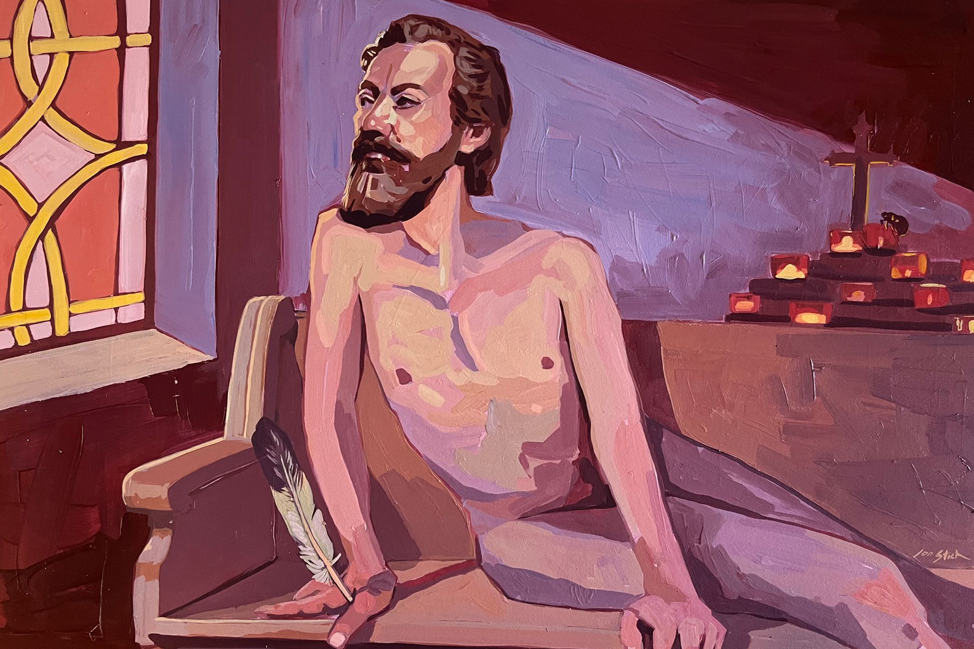 John Donne sits naked and contemplative in a church pew, feather quill in hand.