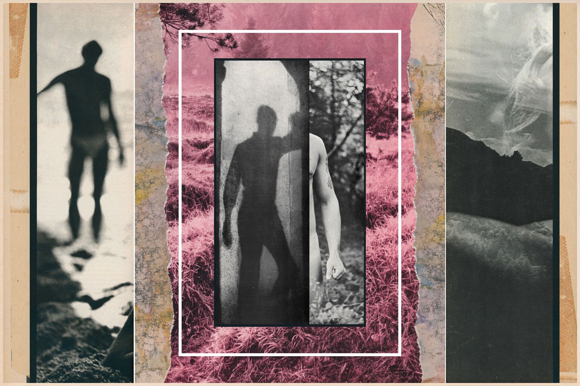 A collage featuring a man's shadow in the center, alongside a photo of another man making a fist. On the right, there's a photo of dark countryside; on the left, a photo of another shadow walking.