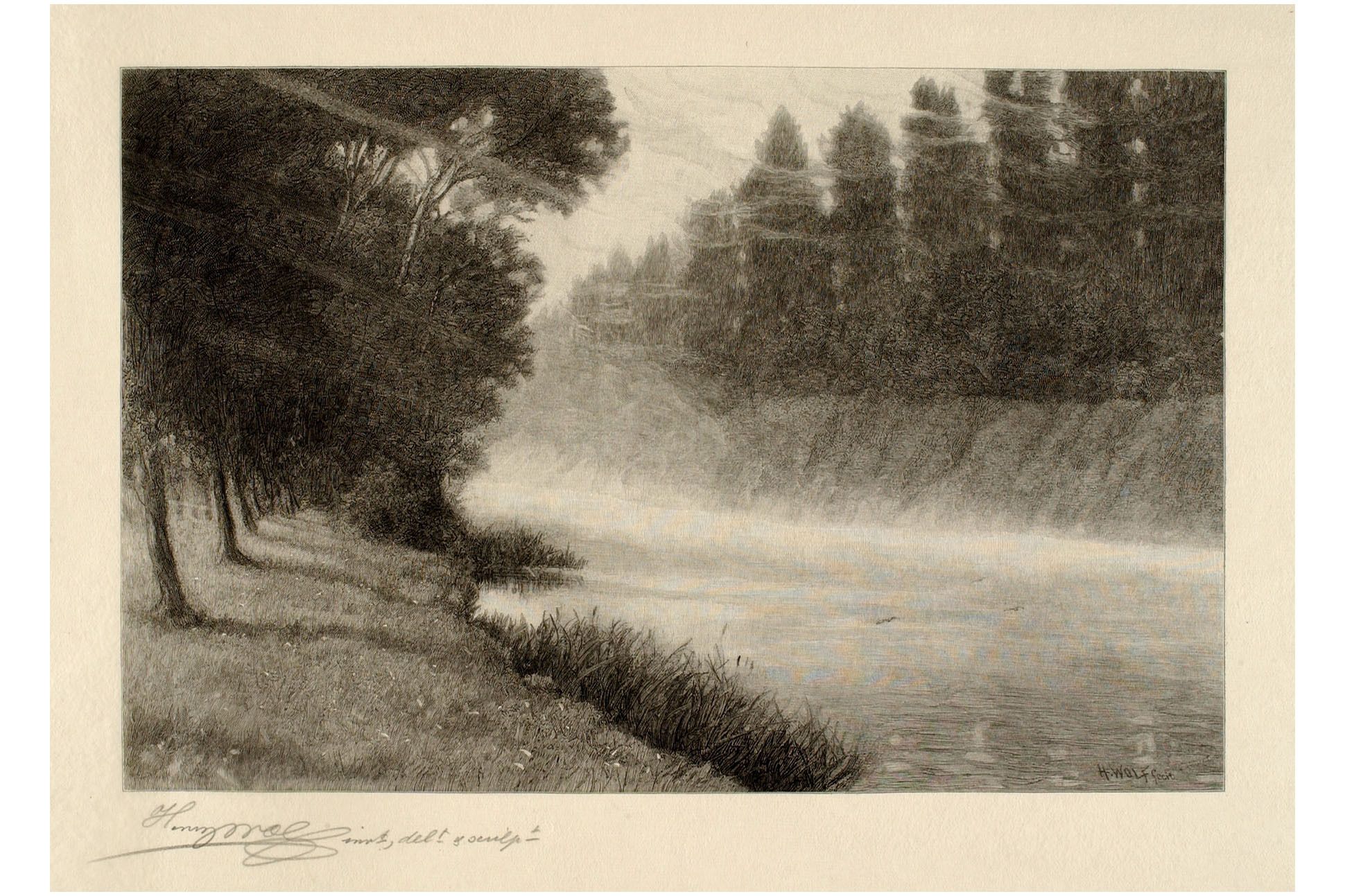 Black and white image of trees along a river bank, shrouded in morning mist.