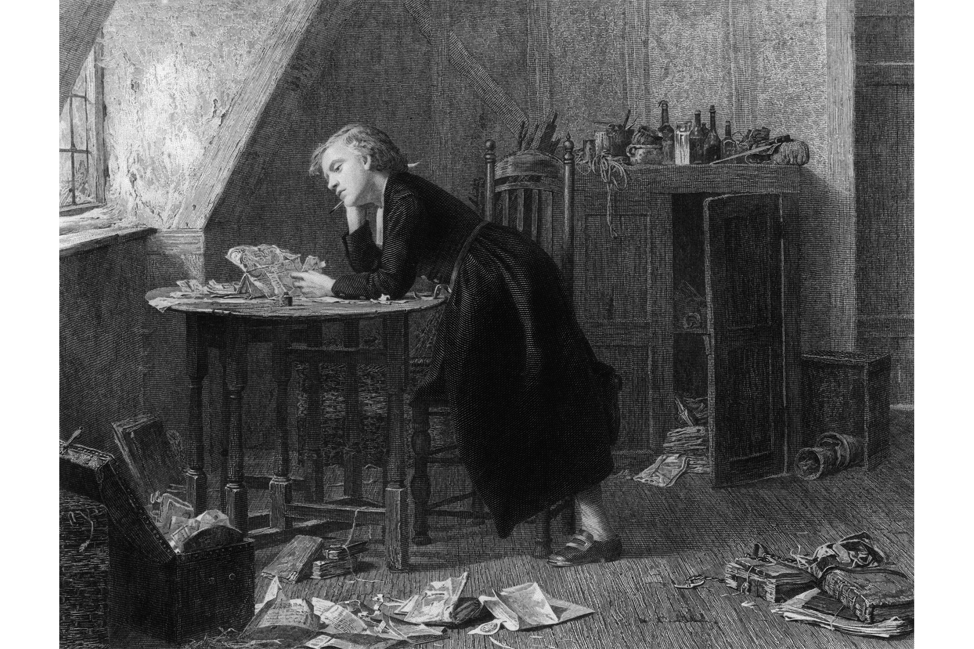 English poet Thomas Chatterton (1752 - 1770) leaning on a table, deep in thought. Original Artwork: Engraving by W Ridgway entitled 'Chatterton's Holiday Afternoon'