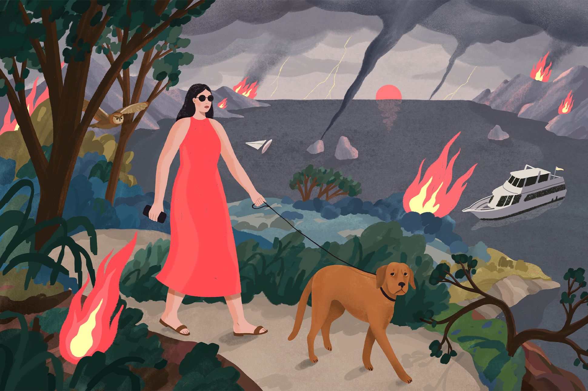 A woman in a red dress and sunglasses walks a dog through a landscape struck by wildfires, tornadoes, and lightning.