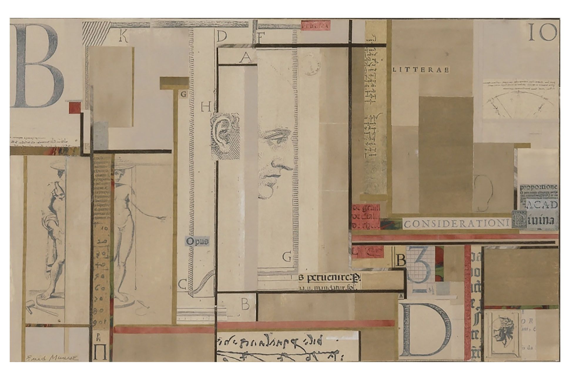 Multimedia rectangular collage on paper with drawing of figures, faces, numbers, letters, mostly neutral colors, beige,, grey, taupe, a little bit of red.