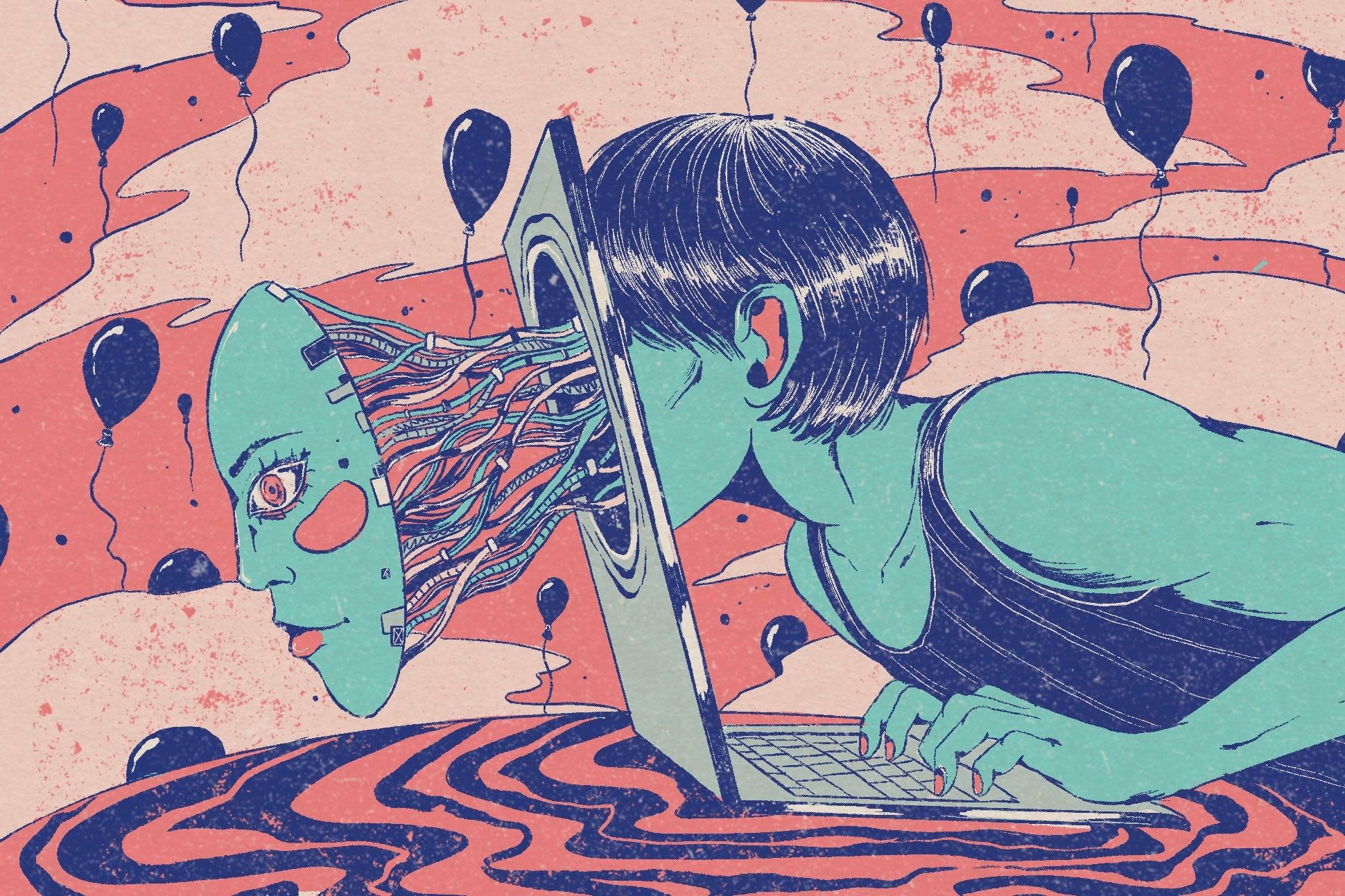 Illustration of a woman's face bursting through a laptop screen, attached to the head by wires, while balloons float in the colored background.