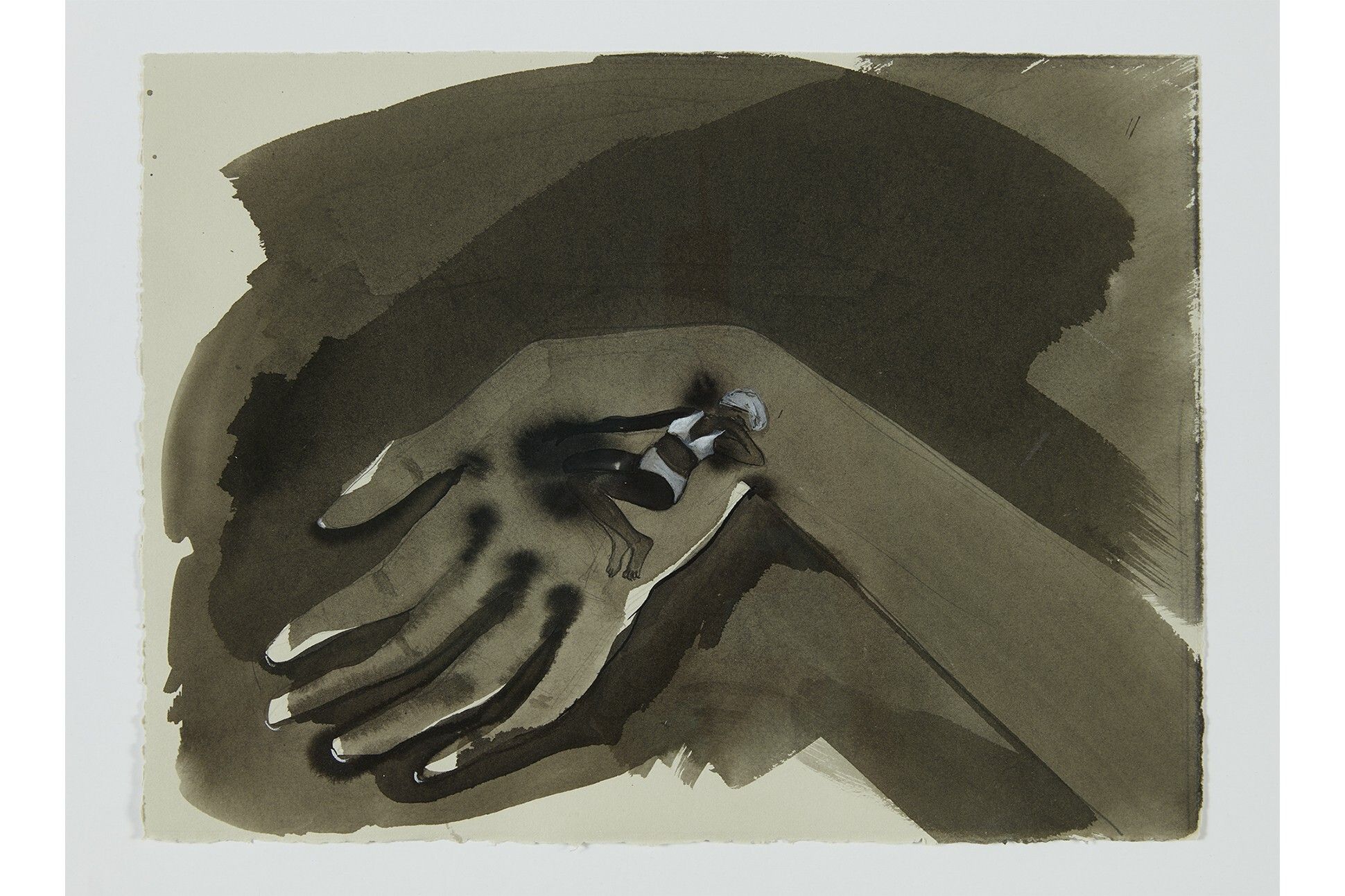 Black and white painting depicting an arm and hand. In the center of the hand, a black female figure dressed in undergarments reclines with an arm across her face.