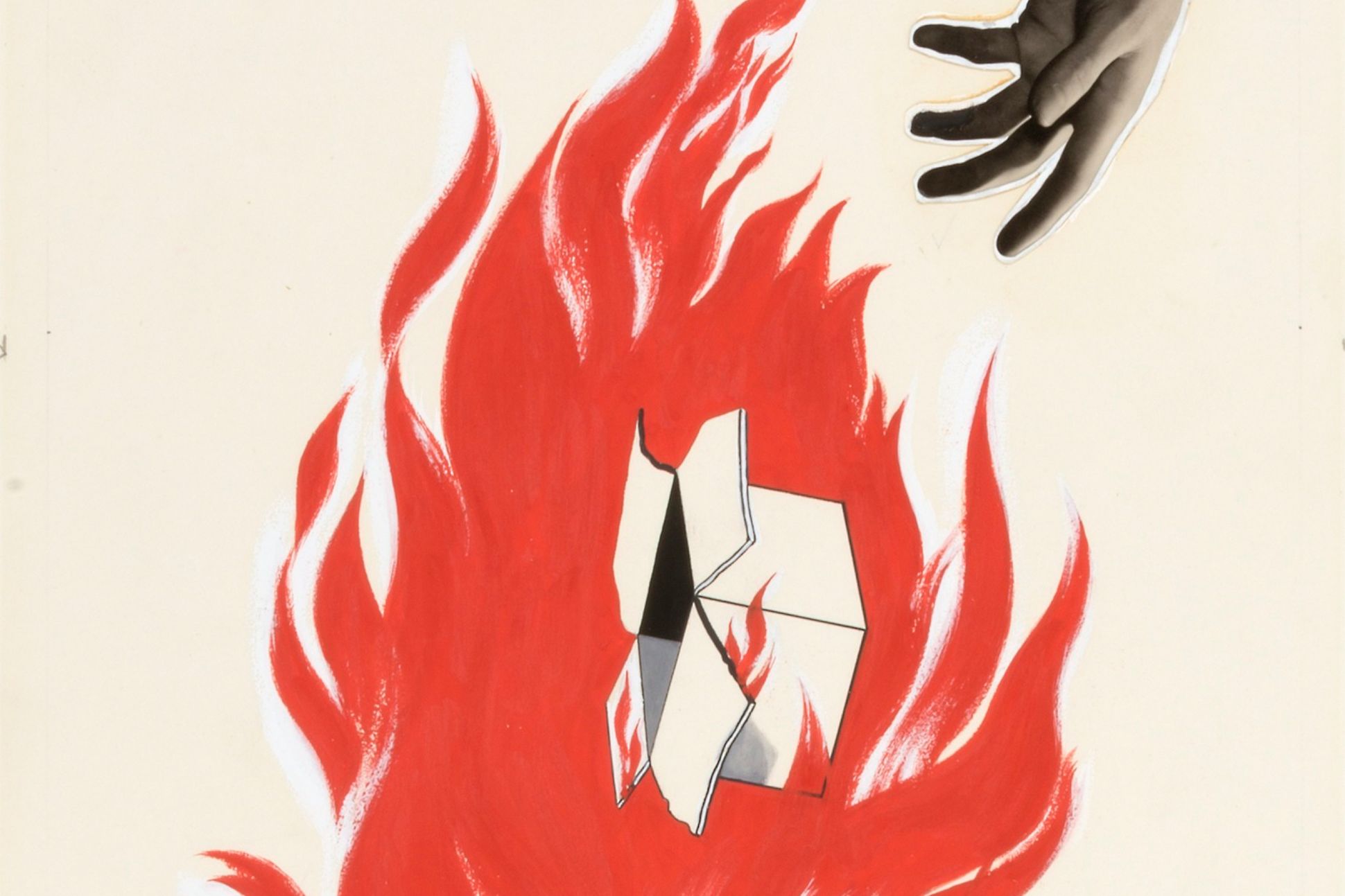 An illustration of an open hand hovering over orange flames, inside of which is an open box.