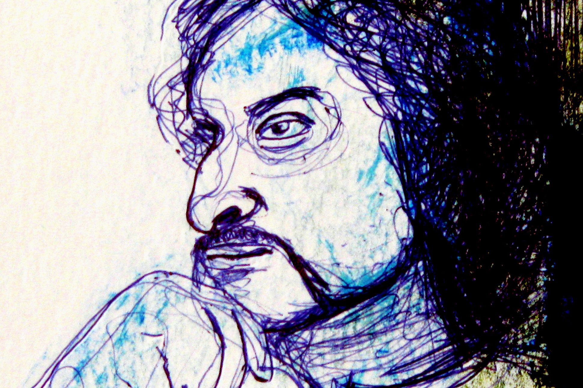 Drawing in blue, purple, and black of a man with long hair pondering with his hand on his chin