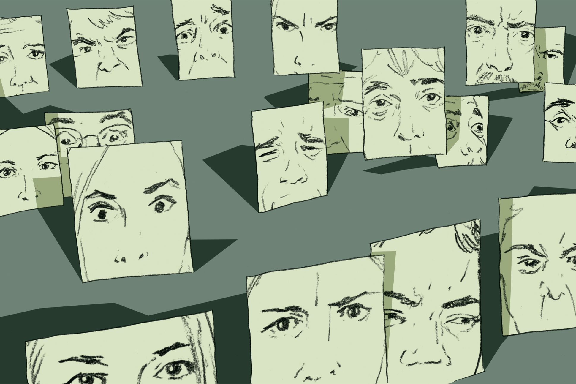 Various expressive faces, in frames, against a gray-green background.