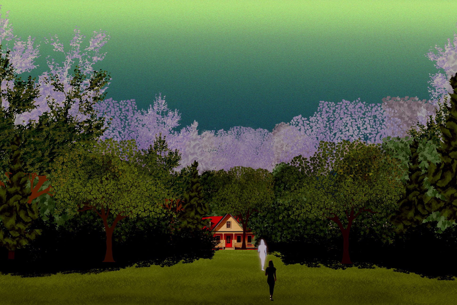 An illustration of a silhouetted figure walking toward a luminous house in the woods. Another, glowing figure walks ahead.