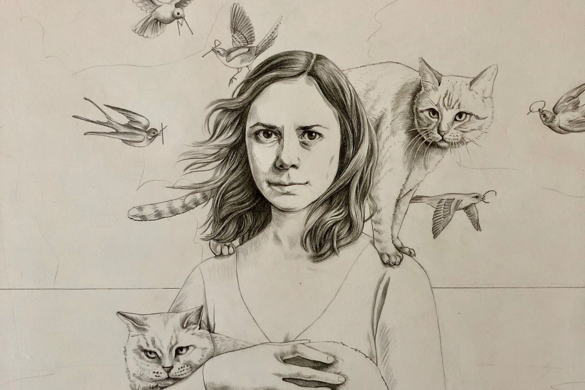 A drawing of a long hair woman with a cat on one shoulder and another in her arms with birds in the background