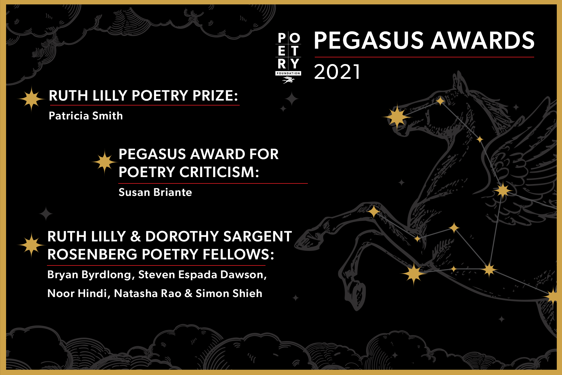 Black background with dark grey clouds and a dark grey pegasus rearing on its hind legs; there is a goldenrod border and matching stars, some of which form the Pegasus constellation. White text reads "Pegasus Awards 2021. Ruth Lilly Poetry Prize: Patricia