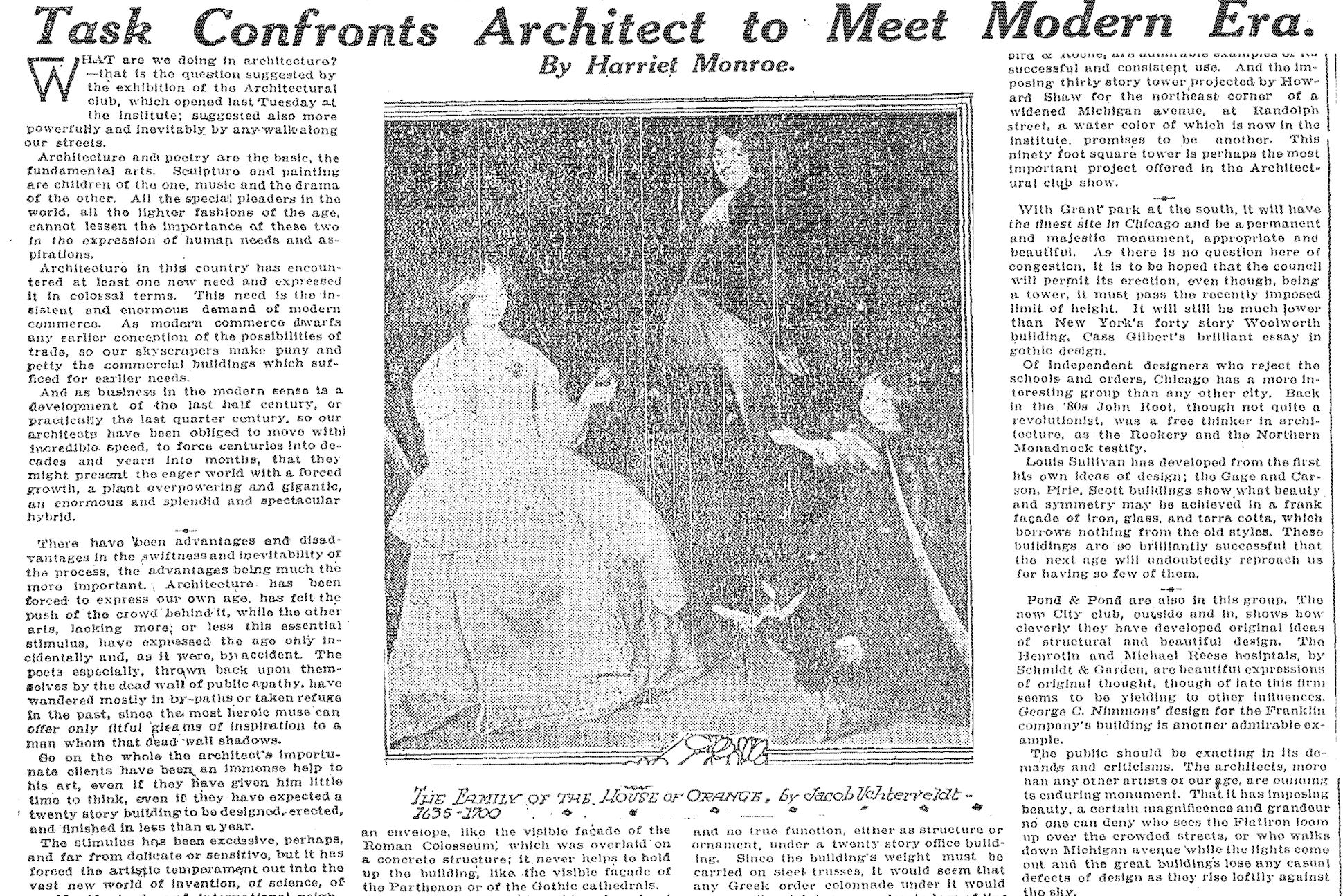Scanned black and white text of a 1912 newspaper column with a black and white photograph of a group portrait painting.