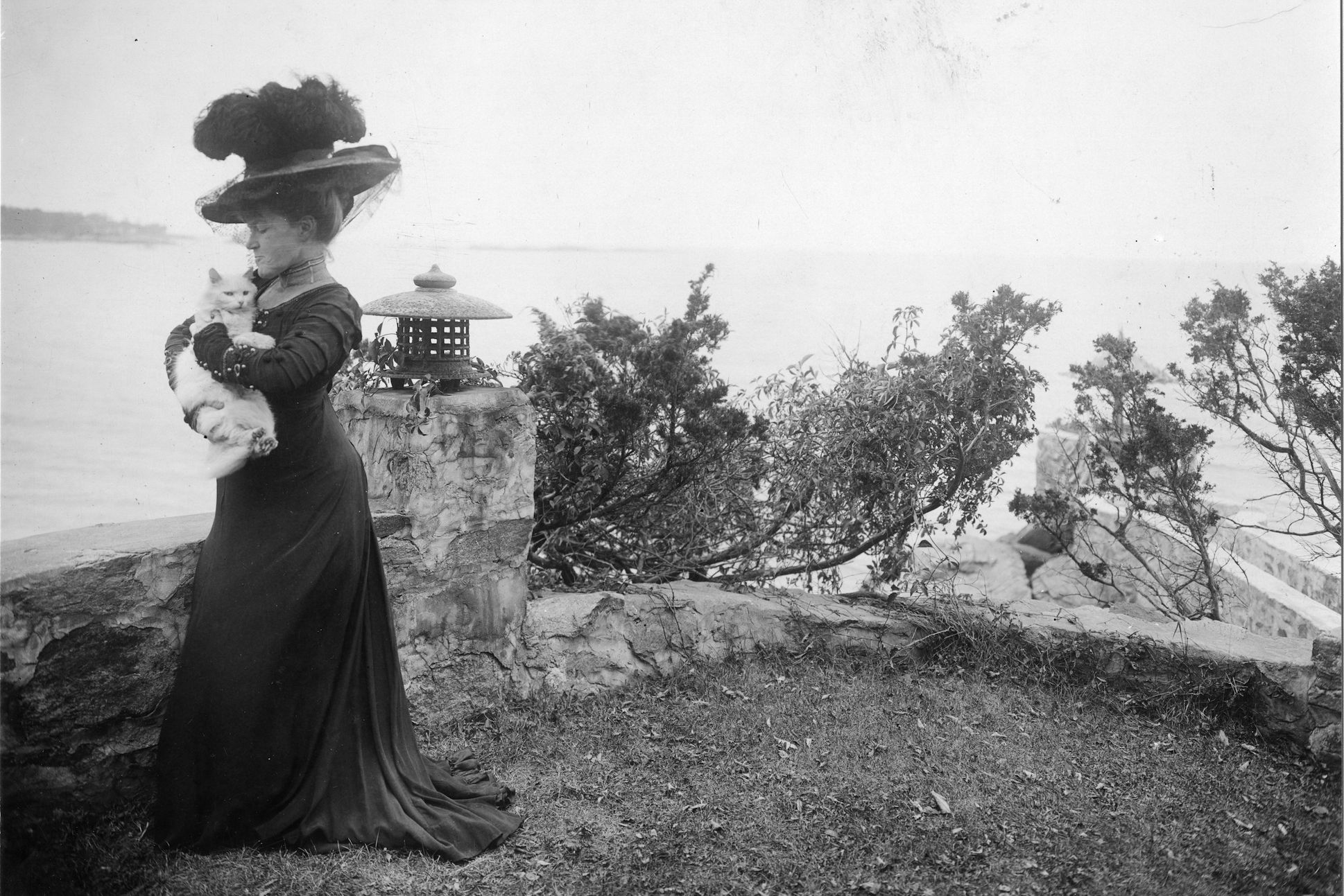 Poet Ella Wheeler Wilcox, in large hat with feathers and veil, holding cat to her chest, next to a short stone wall at edge of cliff overlooking water at Sound Beach, Connecticut, 1908. (