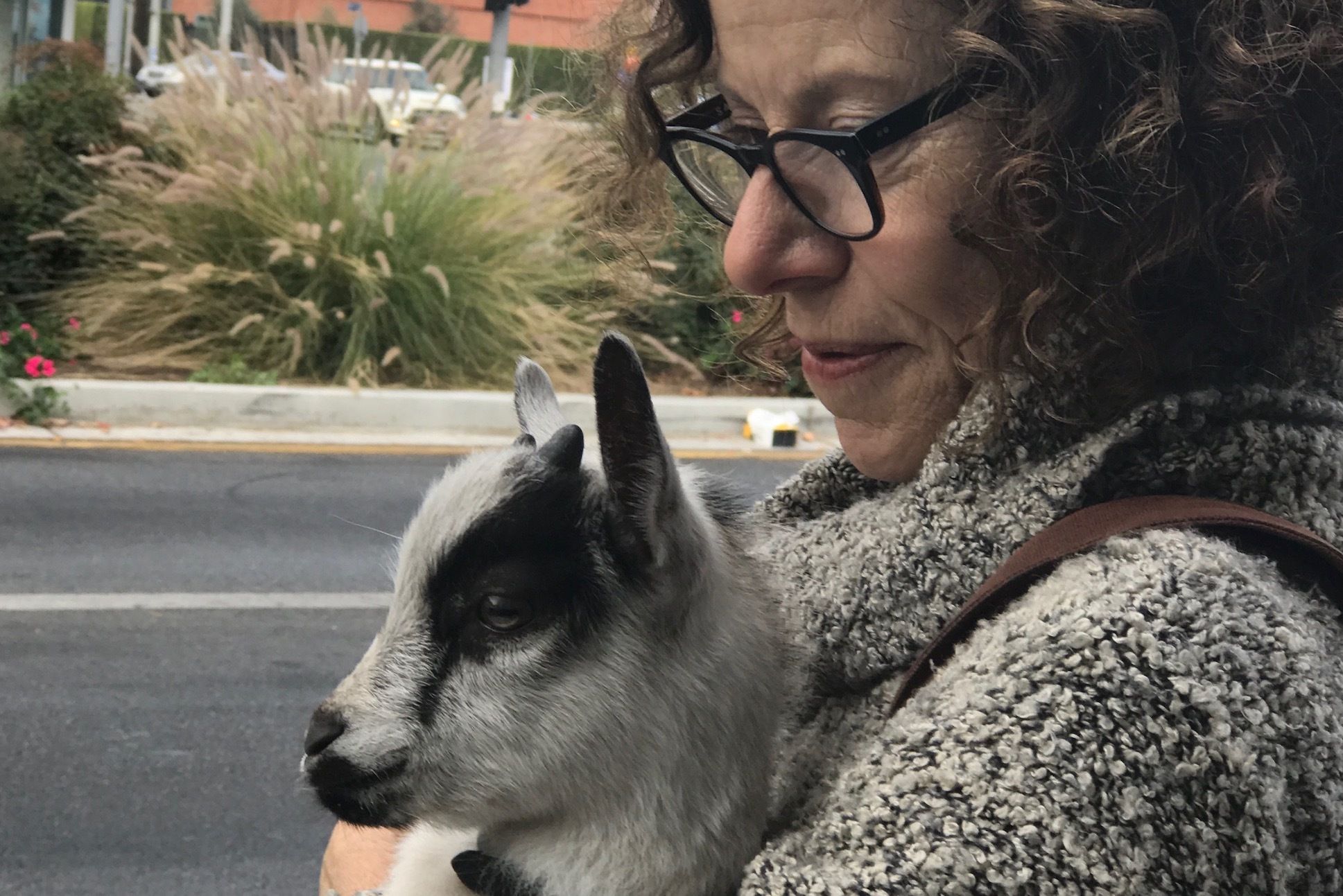 A photograph of Amy Gerstler holding a goat.