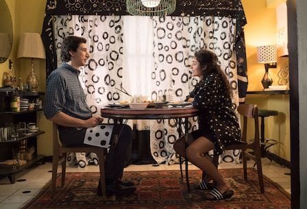 Film still of Adam Driver and Golshifteh sitting across the table.