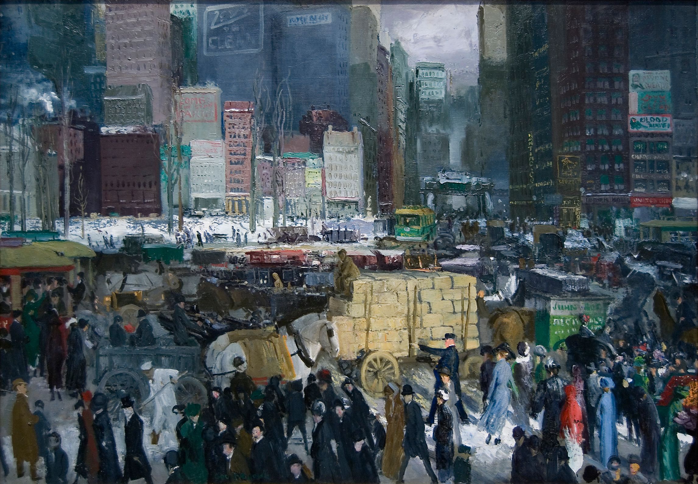 Painting of an early twentieth century urban street scene