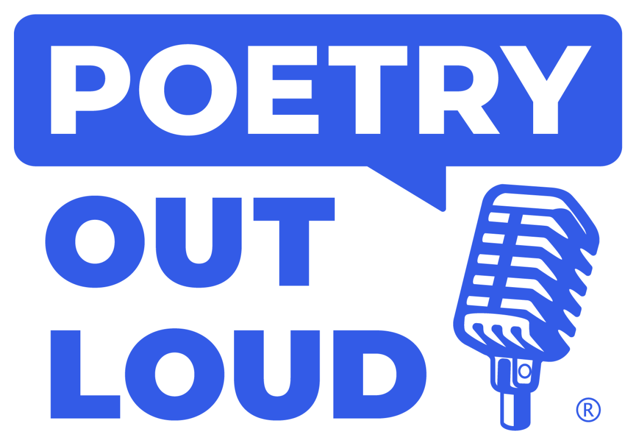White graphic with blue text bubble with "POETRY" in it and blue text "OUT LOUD" alongside a blue microphone