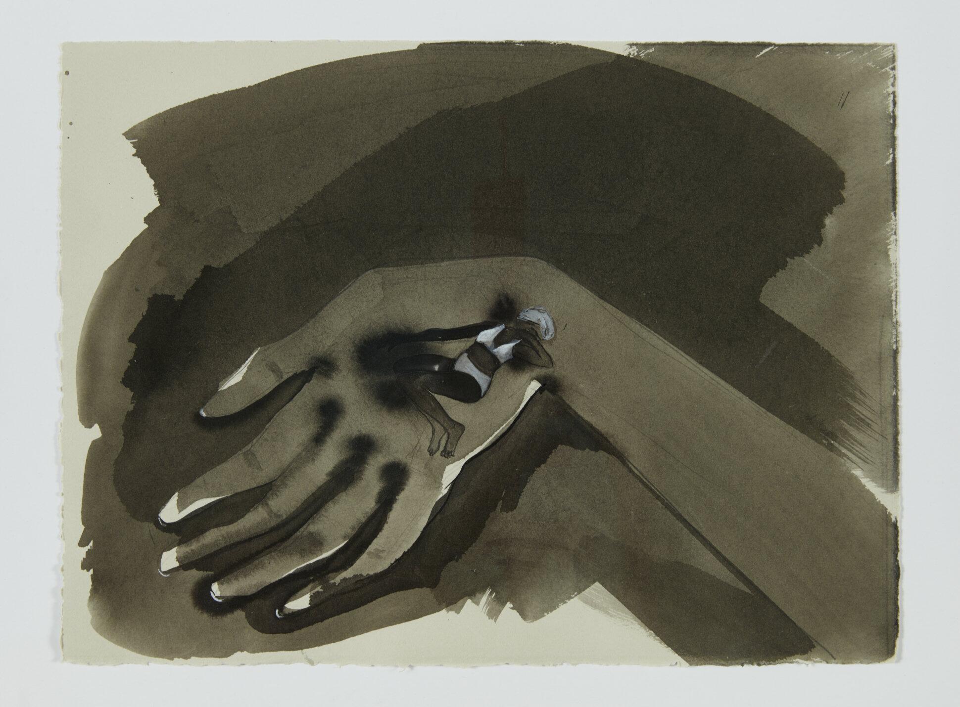 A watercolor-like artwork of the back of a hand and wrist with a small reclining figure wearing a swimsuit or underwear on the back of the hand.