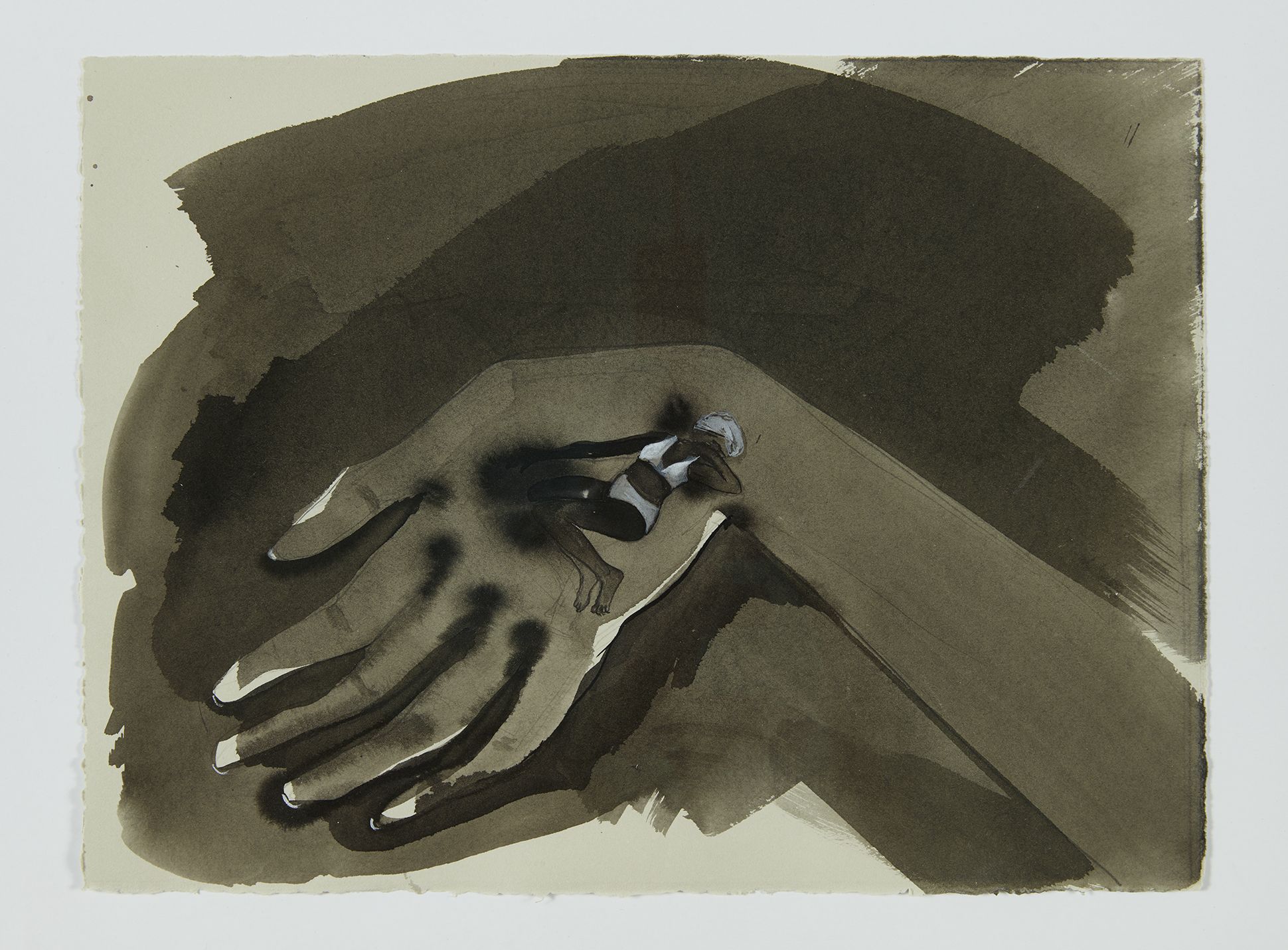 Black and white painting depicting an arm and hand. In the center of the hand, a black female figure dressed in undergarments reclines with an arm across her face.