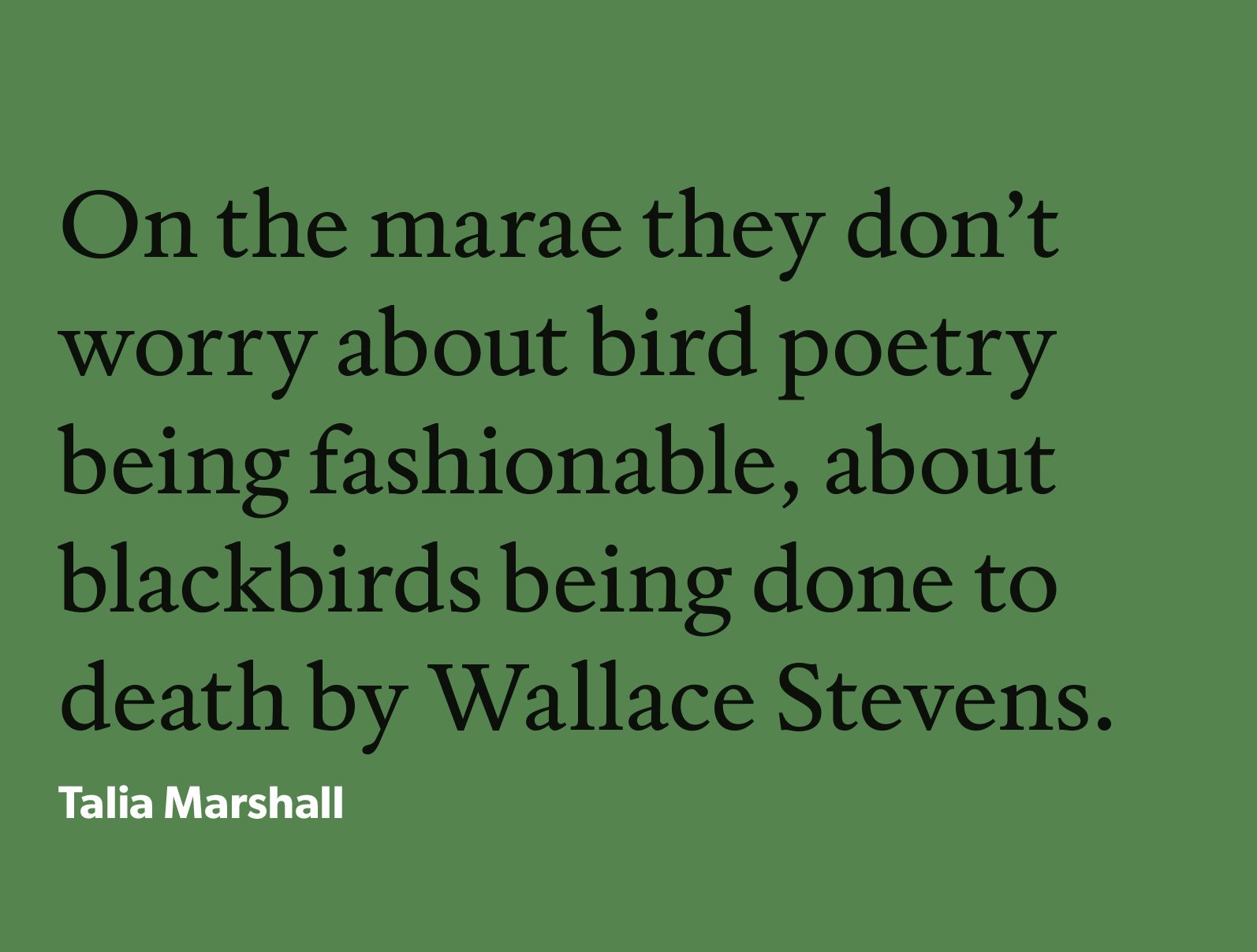 Text reading, "On the marae they don't worry about bird poetry being fashionable, about blackbirds being done to death by Wallace Stevens."