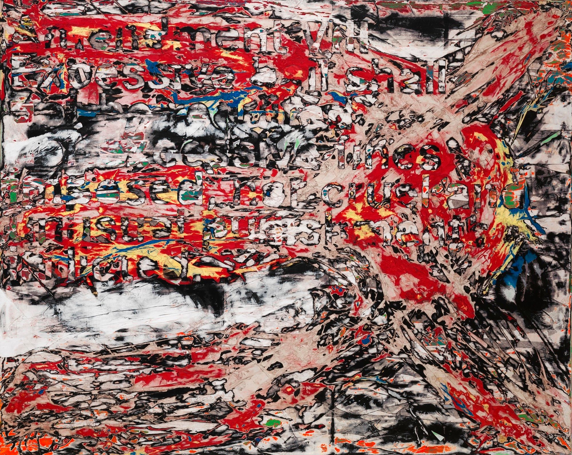 Layer collage with partially obscured text from the 8th amendment. Red, black, white, yellow and blue.