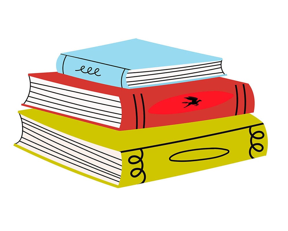 Graphic of a pile of books--a large yellow one on bottom, a red one above it, and a small blue one on top.