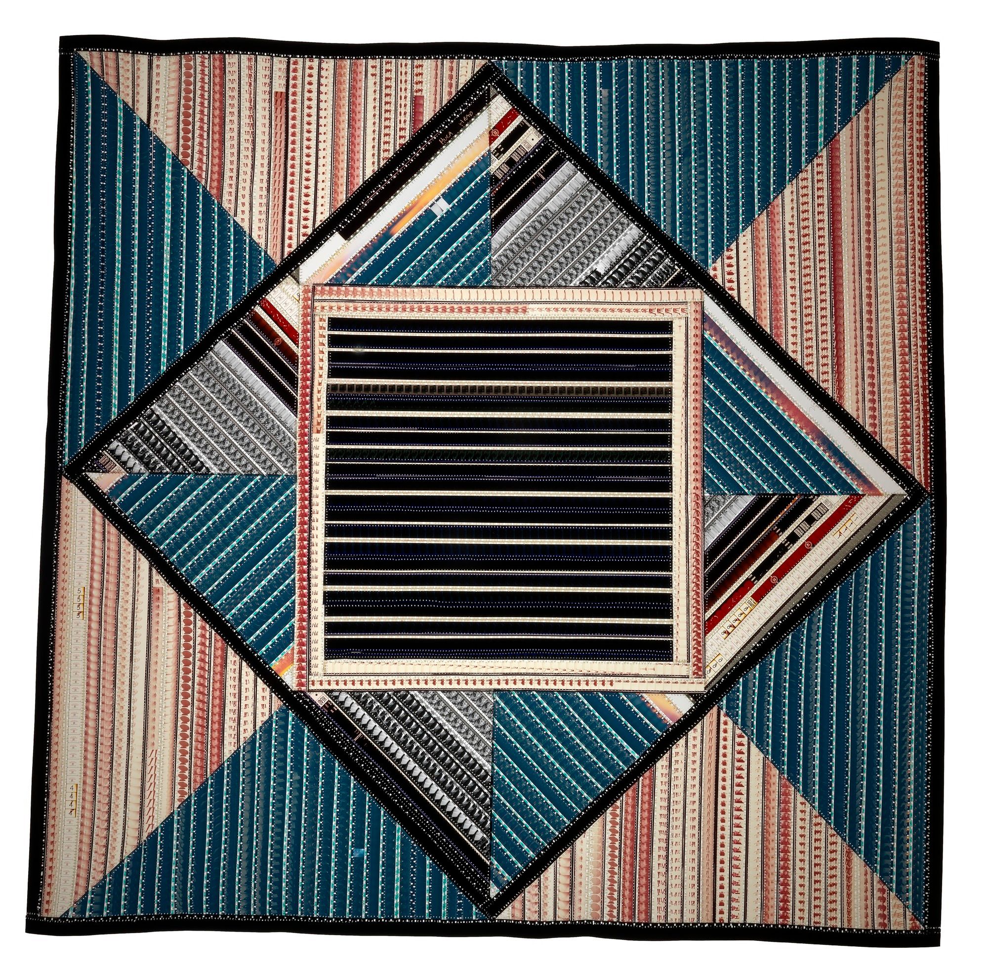 A square of woven lines of film and thread, black, blue, grey, reds and pinks, in geometric patterns.