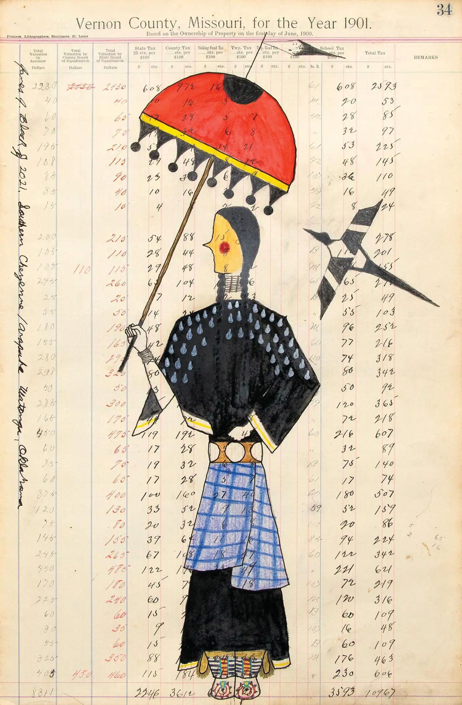 Color pencil and ink drawing on used ledger paper of a person in traditional Native attire with long braids holding an umbrella as a bird flies nearby.